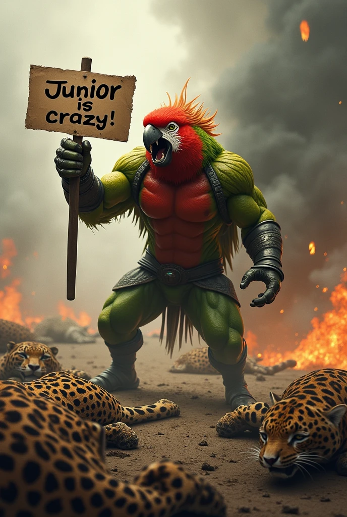 A muscular Brazilian parrot in a ferocious humanoid form screaming madly on a battlefield with several dead jaguars on the ground holding a sign written "Junior is crazy"
