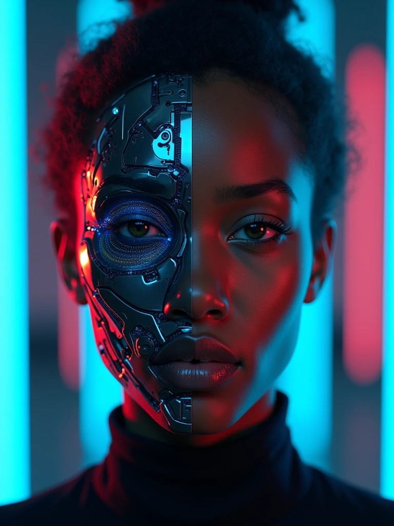 Front view of a young black college woman, with half her face human and the other half robotic, illuminated by blue and red neon lights.