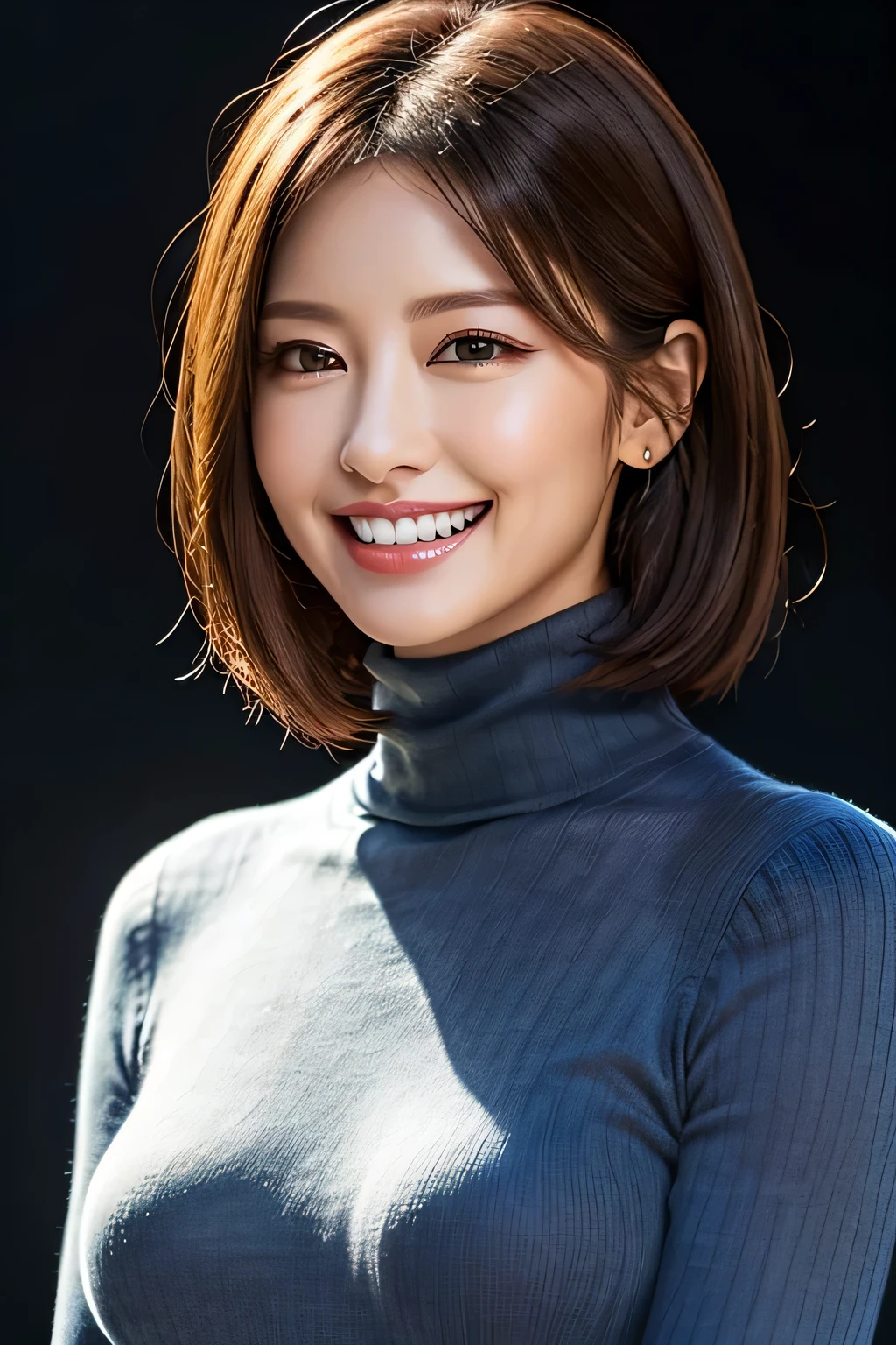 ((masterpiece)), ((Highest quality)), ((Complex)), ((Surreal)), (Realistic), (Mature Woman), ((There are no classes)), Very detailed, (1 female), Beautiful and exquisite, (Beautiful Teeth), Grin, Brunette bob hair, Brown eyes, ((Blue turtleneck)), (Upper Body), (background:none), Perfect Eyes, Captivating eyes, Looking at the audience