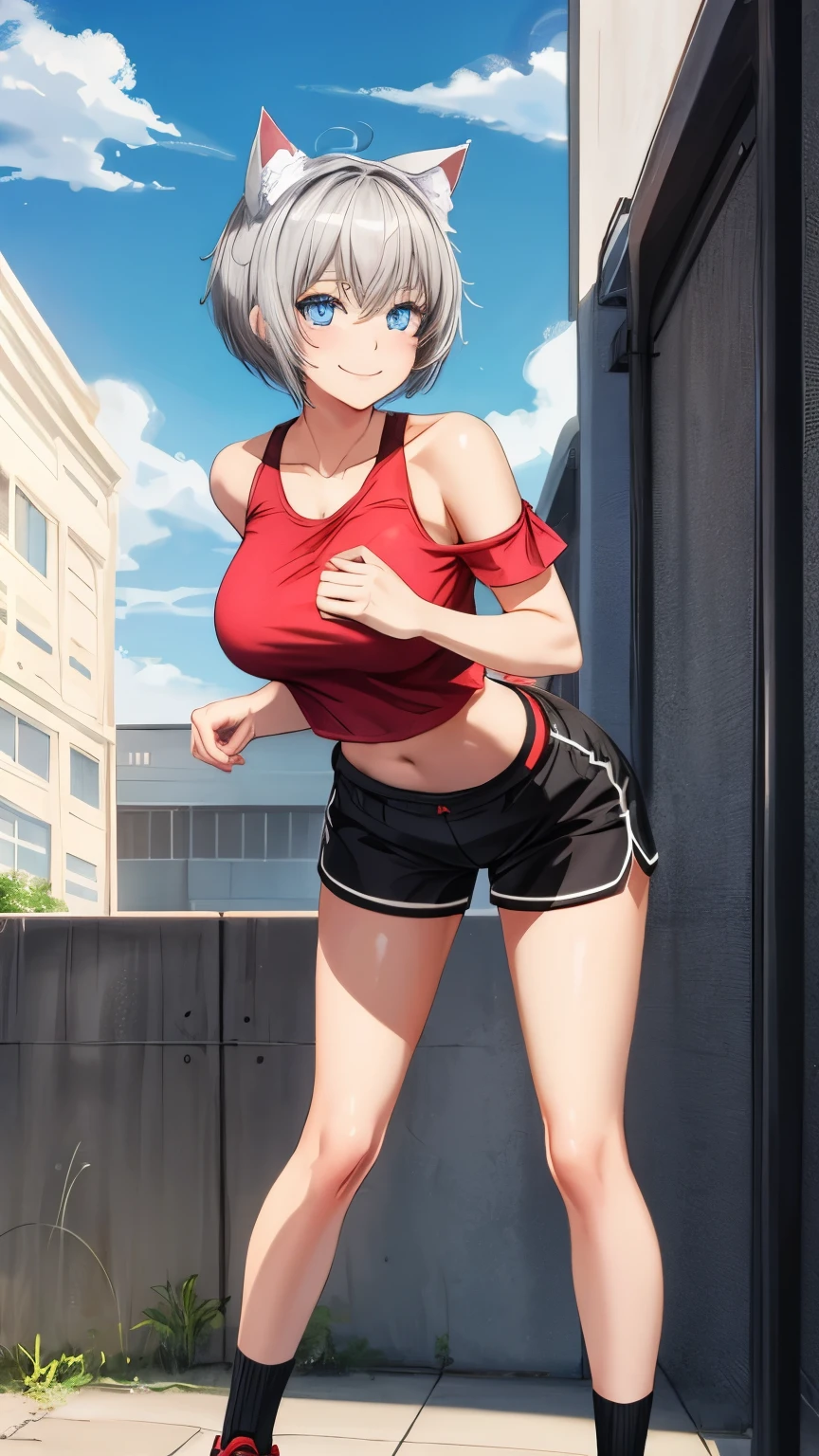 (masterpiece), (best quality), (High quality), (perfect anatomy), BREAK, expressive eyes, BREAK, perfect face, (1girl), (grey cat ears), (medium hair, grey hair), ((pixie cut)), BREAK, (big eyes, perfect eyes, blue eyes, thick eyelashes), thin eyebrow, BREAK, ((smile)), BREAK, (short height), BREAK, slim bulid, BREAK, (medium breasts), (clevage), BREAK, (red cropped shirt: 1.3, sleeveless, off the shoulder), BREAK, ((black shorts: 1.1, tight fit: 1.3, low-waist: 1.4)), BREAK, (sneakers), BREAK, (standing), (view from the front), (leaning forward: 1.6), (full body), BREAK, (gym, crowded)