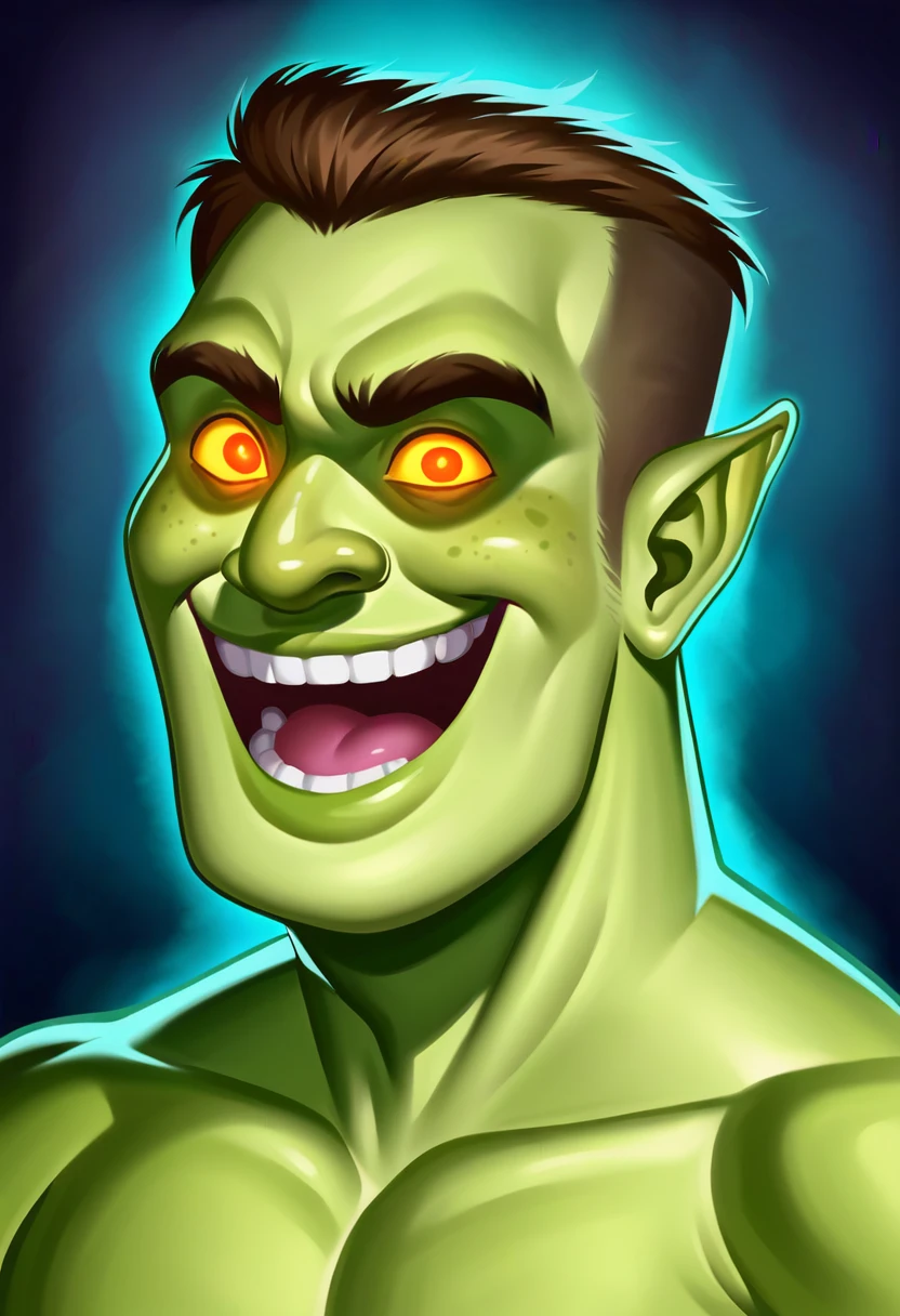 score_9, score_8_up, score_7_up, BREAK shadow, portrait, 1boy, solo, shrek, green skin, shaded face, crazy smile, evil eyes, glowing eyes, dark background, glowing, evil smile, open mouth, from side, laughing,