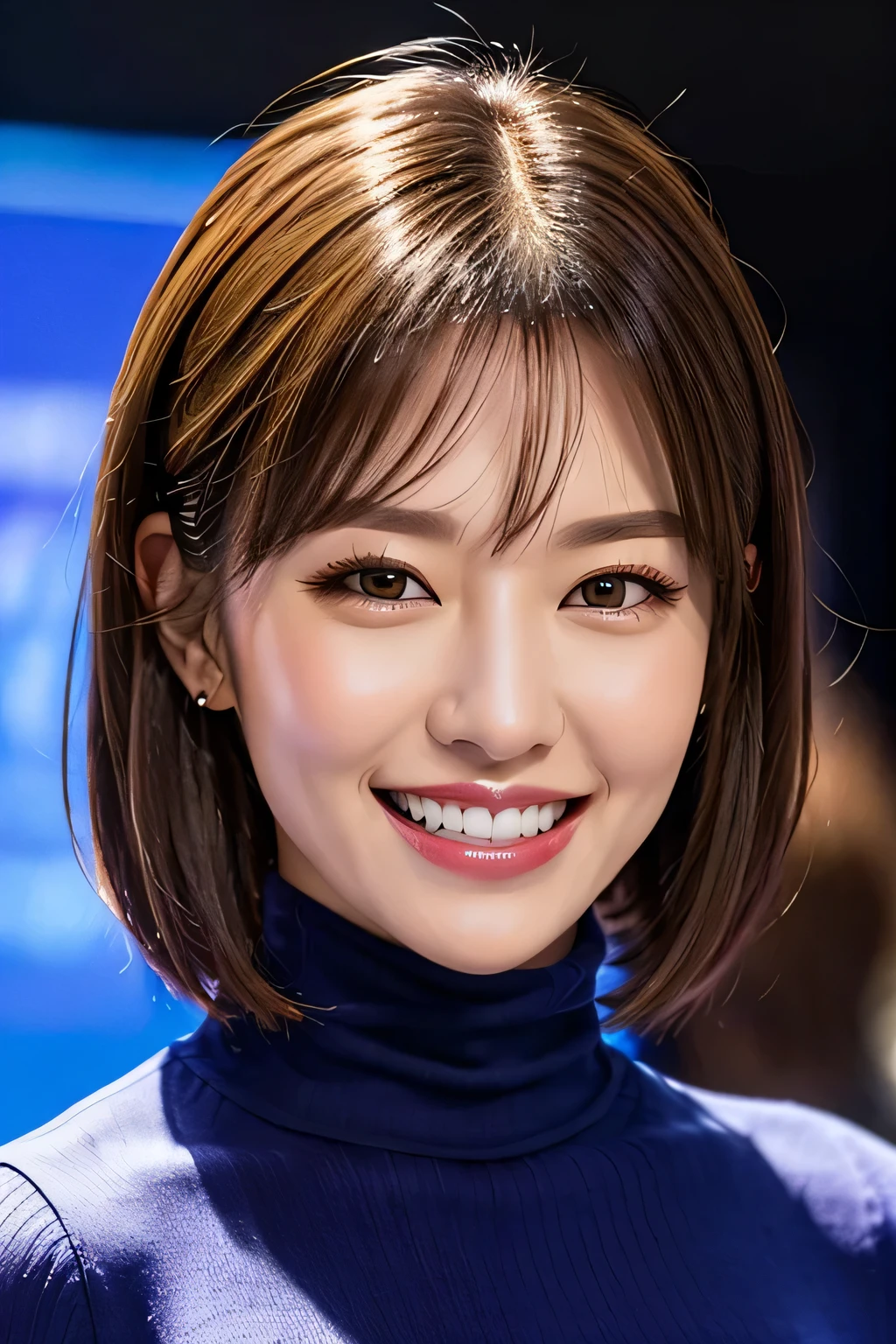 ((masterpiece)), ((Highest quality)), ((Complex)), ((Surreal)), (Realistic), (Mature Woman), ((There are no classes)), Very detailed, (1 female), Beautiful and exquisite, (Beautiful Teeth), Grin, Brunette bob hair, Brown eyes, ((Blue turtleneck)), (Upper Body), (background:none), Perfect Eyes, Captivating eyes, Looking at the audience