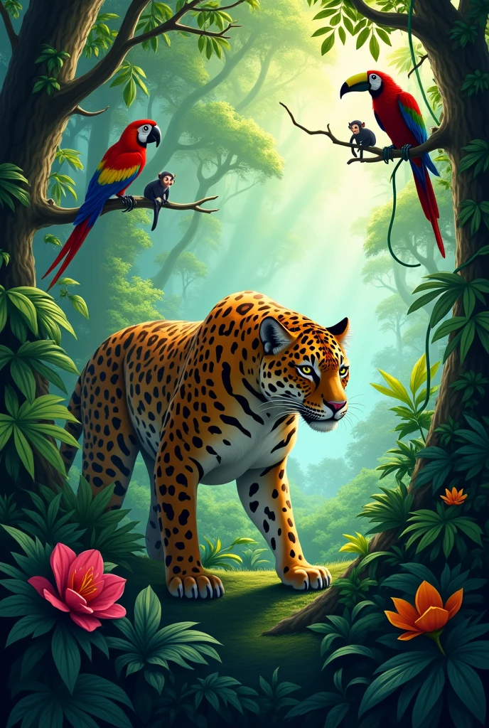 A cover for a story, draw a jungle environment, a jaguar hidden among the foliage, a parrot flying in the foreground, a toucan and monkeys from branch to branch