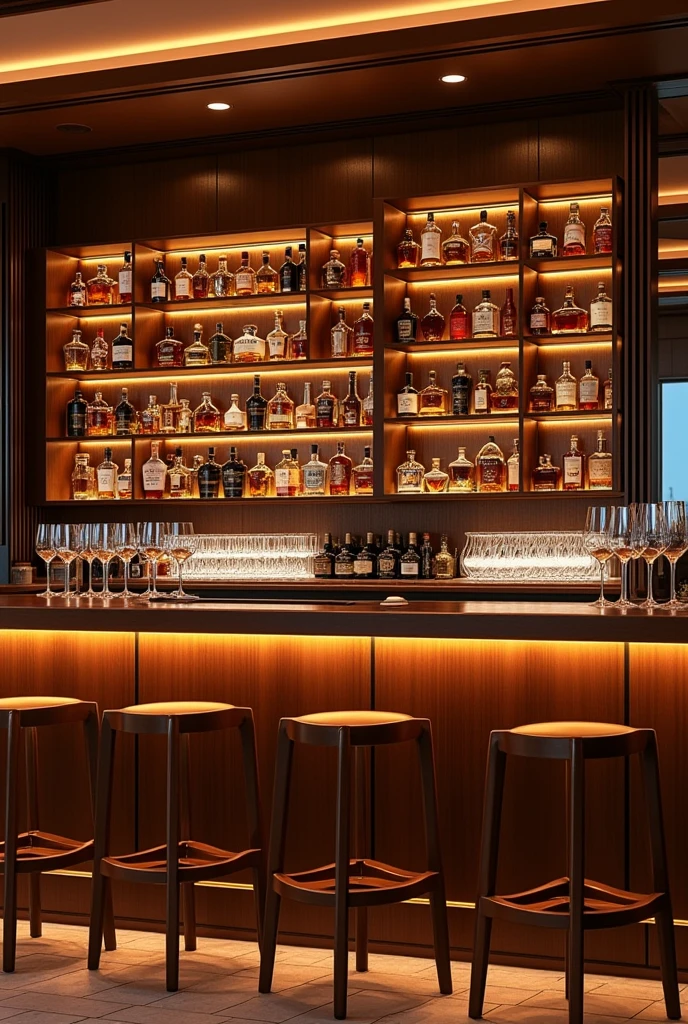 a beautiful modern bar interior with wooden bar, bottles of liquor, elegant wine glasses, high stools, well-lit, (best quality,4k,8k,highres,masterpiece:1.2),ultra-detailed,(realistic,photorealistic,photo-realistic:1.37),intricate details,cinematic lighting,warm color tones,wood grain texture,glass reflections,glossy surfaces,elegant bar setup,bar counter,bar shelves,bar accessories,bar decor,modern bar design