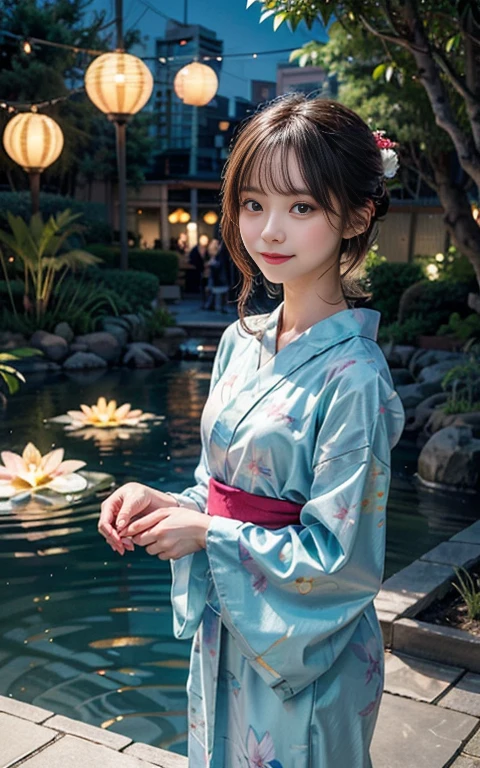 Summer Festival at the Sky Garden
"Create a dreamy, soft watercolor illustration of a unique girl attending a summer festival in a floating sky garden. Her hair flows like a waterfall, adorned with bioluminescent flora, tiny glowing fireflies, and small machines. The scene should evoke a sense of wonder, creativity, and ethereal beauty. She wears a yukata made of shimmering, color-changing fabric. The garden is filled with fantastical plants that bloom with both flowers and tiny screens displaying fireworks. Floating lanterns and holographic koi fish swim through the air around her."