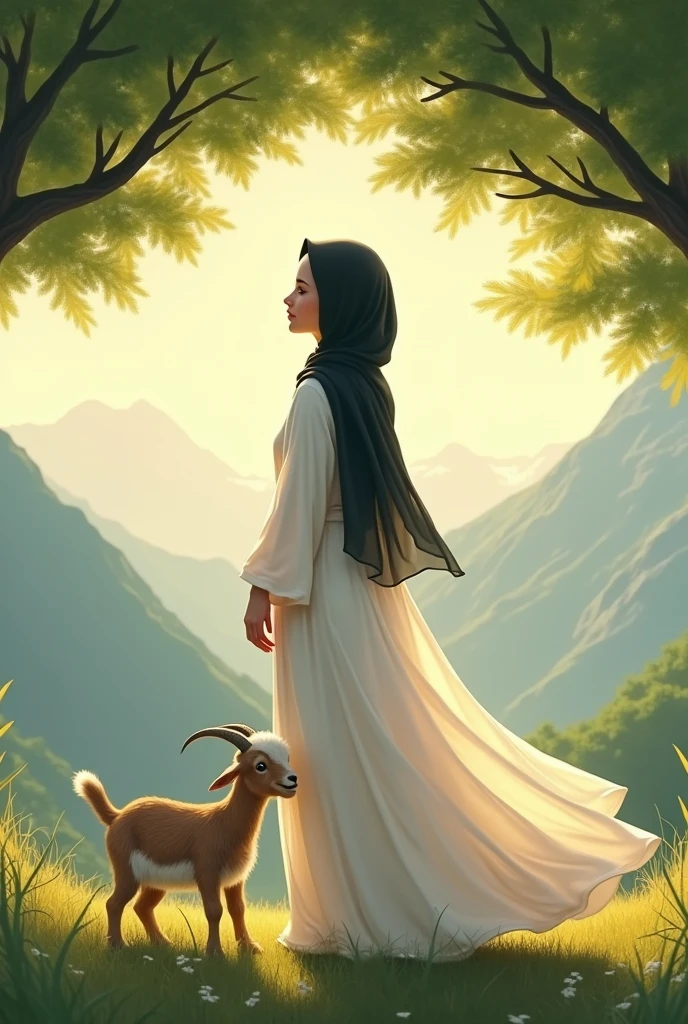 A cute
muslim women wore white dress and black hijab behind mountains under the tree with sunlight and playing with an little goat