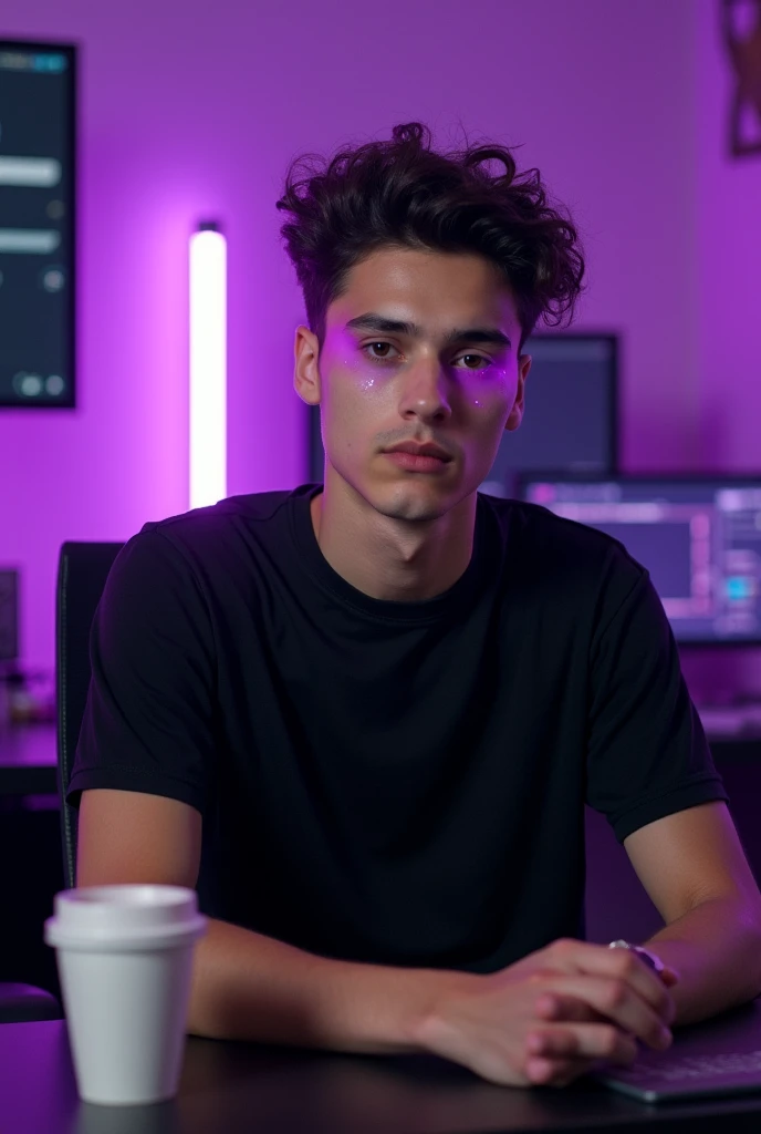 beautiful photo of a man age of 24 to 25, weight something 55 to 57 kg , wearing a black t shirt costume, with purple eye dots A stunning intricate full color photo of (sks man:1), epic character composition, by ilya kuvshinov, alessio albi, nina masic, sharp focus, natural lighting, subsurface scattering, f2, 35mm, film grainThe image shows an individual sitting at a desk with a microphone in front of them, suggesting they might be hosting a podcast, conducting an interview, or doing some other audio recording activity. The background features blurred purple lights, giving the setting a modern and tech-savvy vibe. There's also a disposable coffee cup on the desk, adding a casual touch to the professional setup. Change hairstyle 
