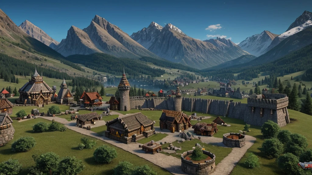 dwarven stronghold in mountains, distant overview, with dwarves fighting orcs