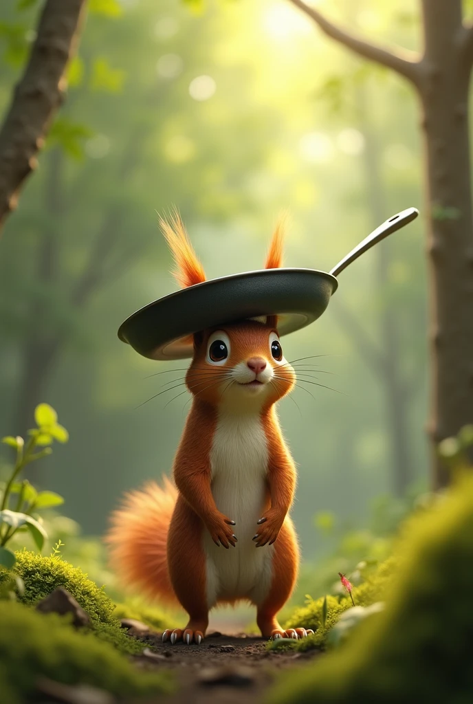Squirrel with a frying pan on its head
