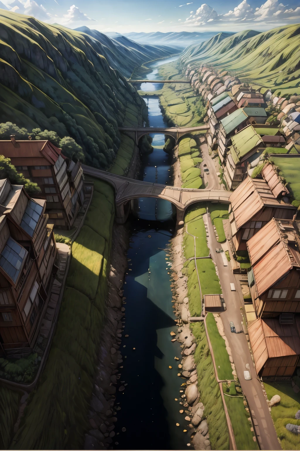 Realistic, Real, Beautiful and Amazing Landscape Oil Painting Studio Ghibli Hayao Miyazaki Petals Grassland Blue Sky Grassland Country Road Along a River, Building, Beautiful Girl