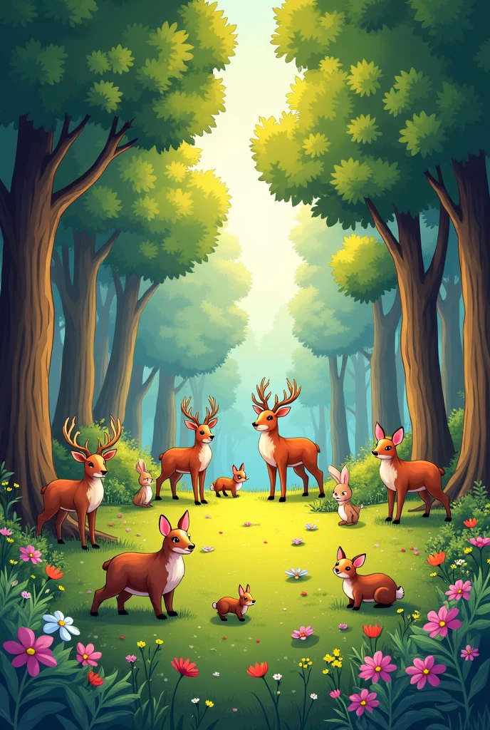 An enchanted forest with a clearing in the center. Tall, dense trees surround an open space, where animals of different species come together. The atmosphere is vibrant and welcoming, with colorful flowers and soft sunlight filtering through the leaves in a coloring page format
