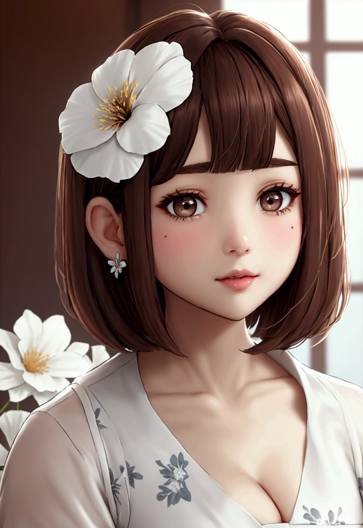 White floral earrings、Brown hair color、Gray Eyes、Short Bob、