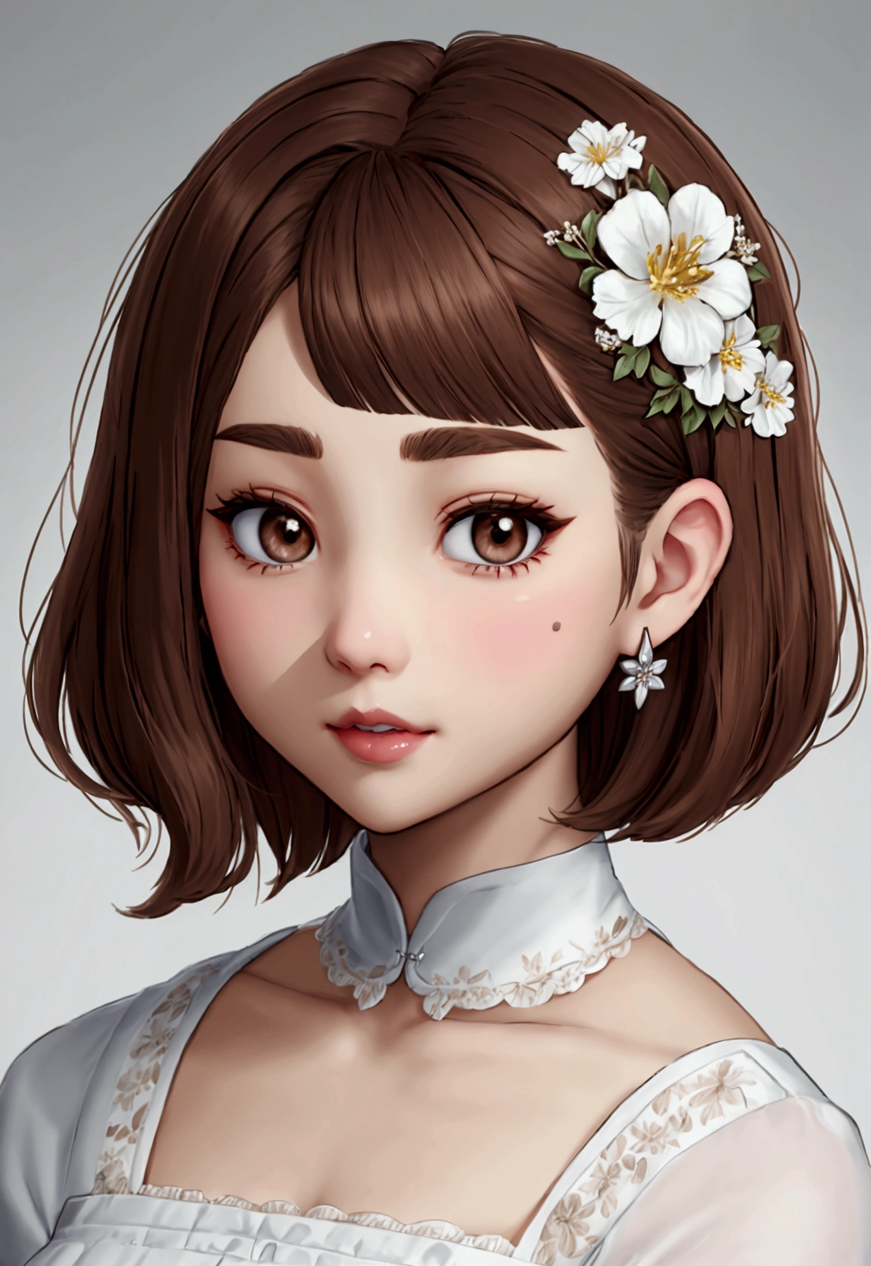 White floral earrings、Brown hair color、Gray Eyes、Short Bob、