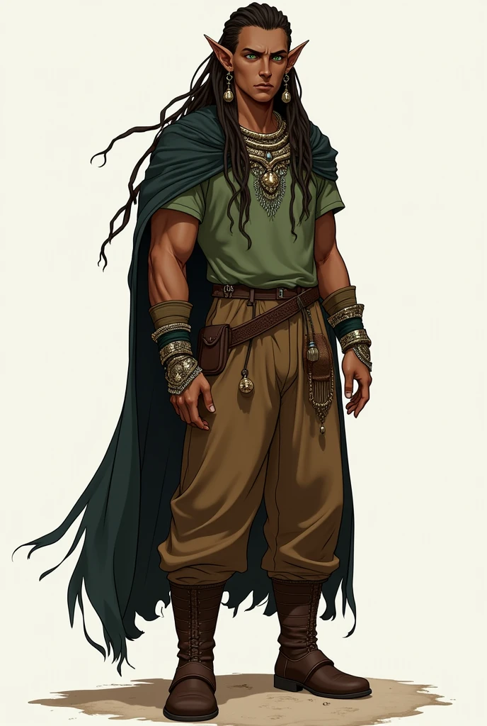 An elf, male, 190 cm tall, mocha skin tone, Bright green eyes, Dark brown dreadlocks that reach the middle of the back, Pointy ears with lots of jewelry on them, Semi-pointed face, smooth skin, a bit muscular. wearing a Wide brown pants, Simple green shirt, Black hood, Brown boots.
Perfect anatomy, perfect proportions, 10 fingers, same sized eyes, perfect quality