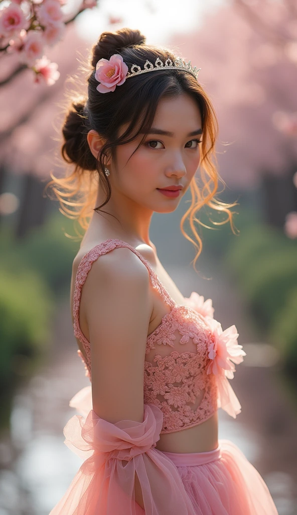 A young woman with wavy brown hair styled in an elegant updo and wearing a delicate tiara is dressed in a fashionable pink outfit. The top has intricate floral lace details, and the bottom piece matches with similar design elements. The setting is a peaceful, nature-inspired environment featuring blossoming cherry trees and a calm stream, all illuminated by soft, golden-hour lighting. Her confident and poised posture, combined with the romantic background, suggests a photoshoot focusing on fashion, capturing a sense of elegance, romance, and natural beauty.