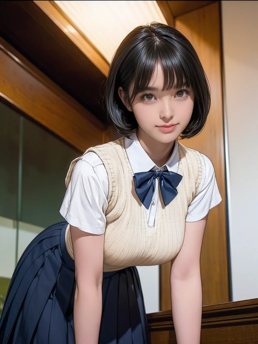 Masterpiece, Top Quality, Top Mikoto, brown eyes, short hair, small breasts, looking at viewer, alone, closed mouth, collared shirt, beige knit vest, dark blue  Skirt, school_uniform, shirt, white_shirt, classroom,Masterpiece, highest quality, 8K, detailed skin texture, fine cloth texture, beautiful detailed face, intricate details, super detailed,cute,cute posing,composition that shows the whole body,