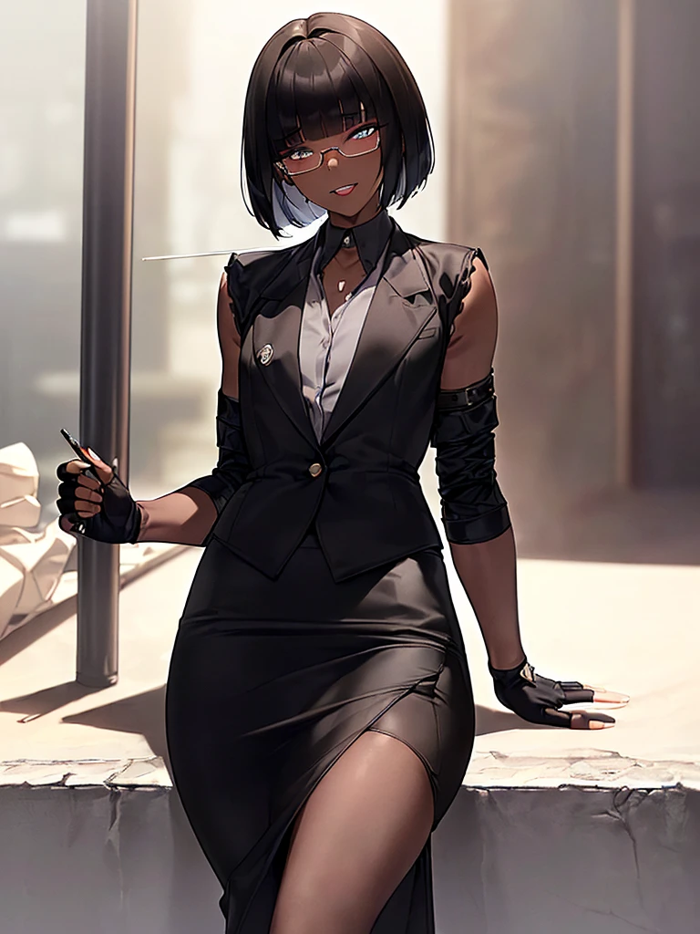 (masterpiece:1.2), highest quality, High resolution, unity 8k wallpaper, (fine and beautiful eyes:1.6), highly detailed face, perfect lighting, Detailed CG, (perfect hands, perfect anatomy:1.3), (1 femmale:1.4), (20 years old femmale:1.4),( black hair:1.3), extremely beautiful detailfeminine face and eyes, (evil smile:1.3), detailed eyes, best quality,( dark skin:1.8), extremely detailed, very precise detailed,(glasses:1.3), (blunt bangs:1.3), open mouth, (very short hair:1.4),(fingerless gloves:1.5), (half closed eyes:1.5),(business suit:1.6),boots,(flat chest:1.4),(cigarette in mouth:1.2),sitting,(long pencil skirt:1.3),(long skirt in slit:1.6),(crossed_legs:1.3),