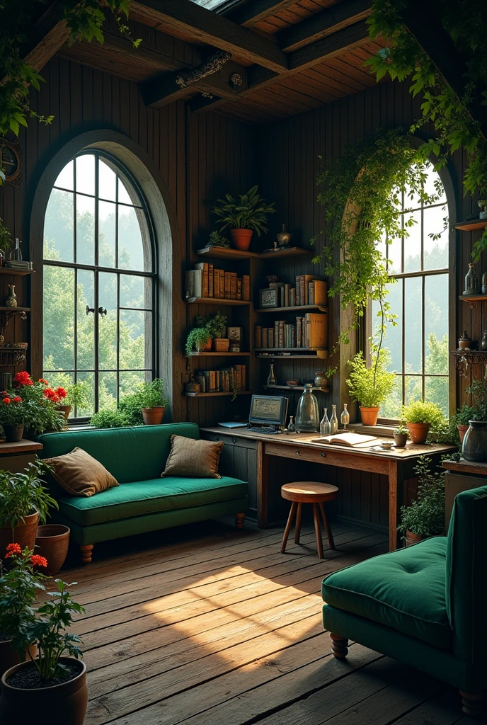 The inside of a square hut with purple and right windows. The color scheme is dark brown and dark green. The hut seems mysterious The hut consists of only one room, which looks like a mixture of living room, Workroom and laboratory. Colorful plants stood on the window sills of the two large arched windows. On the wall opposite the door stood a green sofa surrounded by bookshelves. On the left side in front of the window was a large desk made of dark wood, on which some books were scattered. Opposite it stood a kettle and a few shelves with corked glass flasks. The windows are on the left and right wall. All wood is very dark brown and there is no window on the middle wall