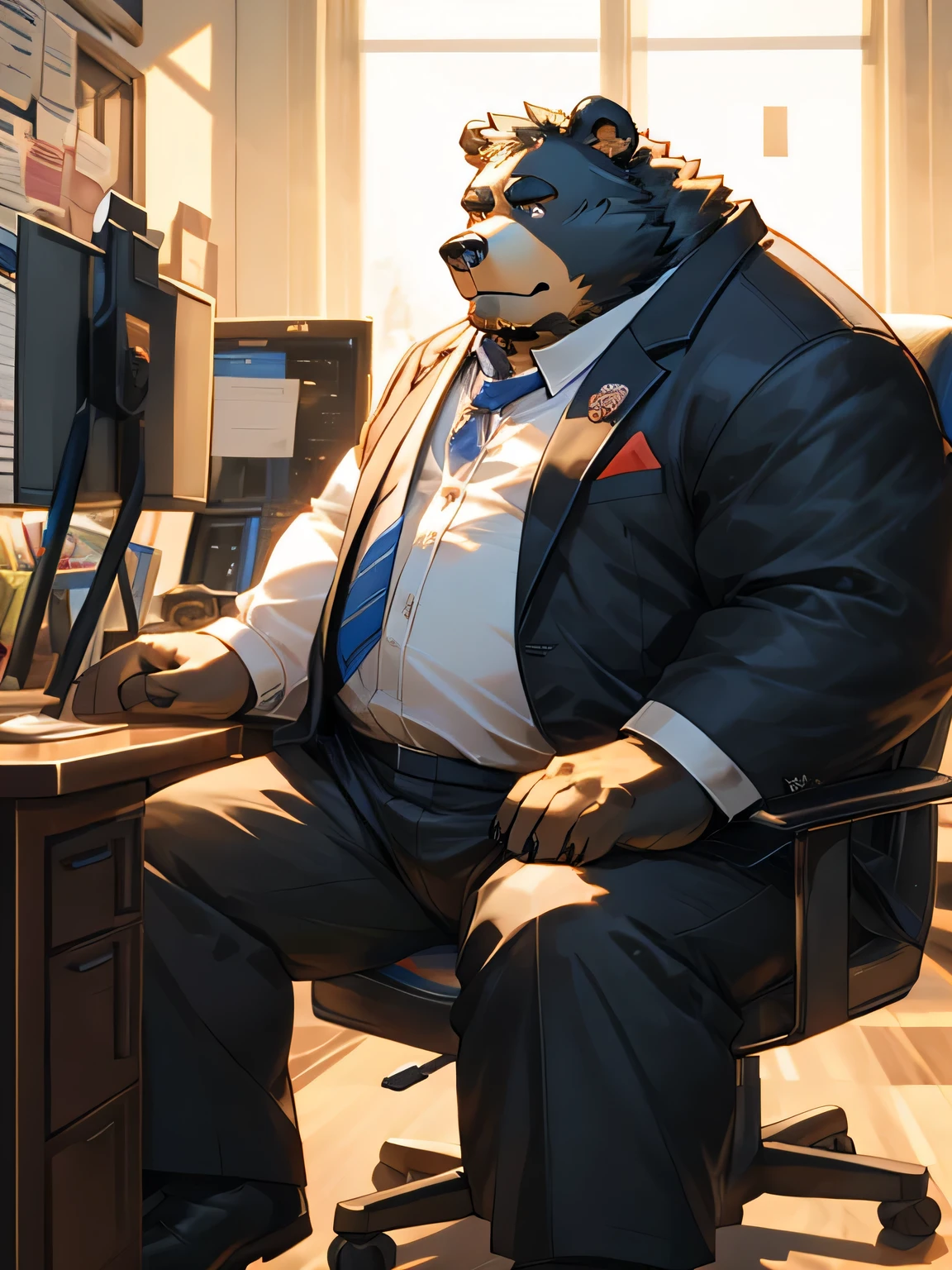 A fat black bear，Sitting in the office，Wear a white shirt and black trousers，Red tie，A look of impatience，Look at the screen，high quality，high-definition，high resolution，masterpiece，