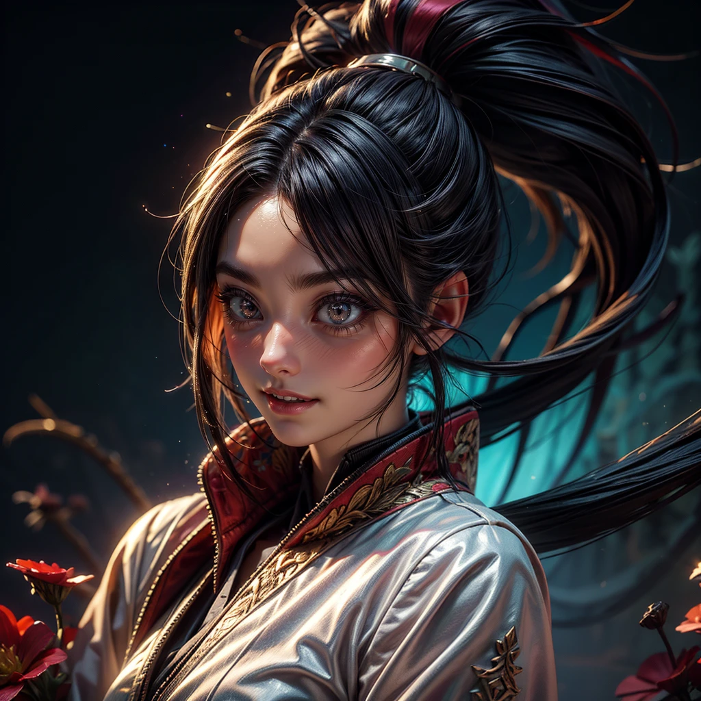 a girl with pink eyes, long purple hair in a high ponytail, liquid hair, dragon girl, flowers, dragon head background, negative space, 1 girl, solo, best quality, 4k, 8k, highres, masterpiece, ultra-detailed, realistic, photorealistic, HDR, UHD, studio lighting, ultra-fine painting, sharp focus, physically-based rendering, extreme detail description, professional, vivid colors, bokeh, (Exposed:0.5)