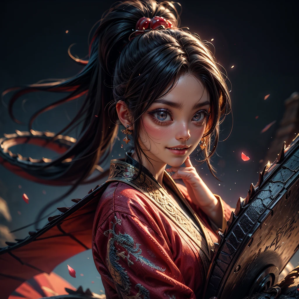 a girl with pink eyes, long purple hair in a high ponytail, liquid hair, dragon girl, flowers, dragon head background, negative space, 1 girl, solo, best quality, 4k, 8k, highres, masterpiece, ultra-detailed, realistic, photorealistic, HDR, UHD, studio lighting, ultra-fine painting, sharp focus, physically-based rendering, extreme detail description, professional, vivid colors, bokeh, (Exposed:0.5)