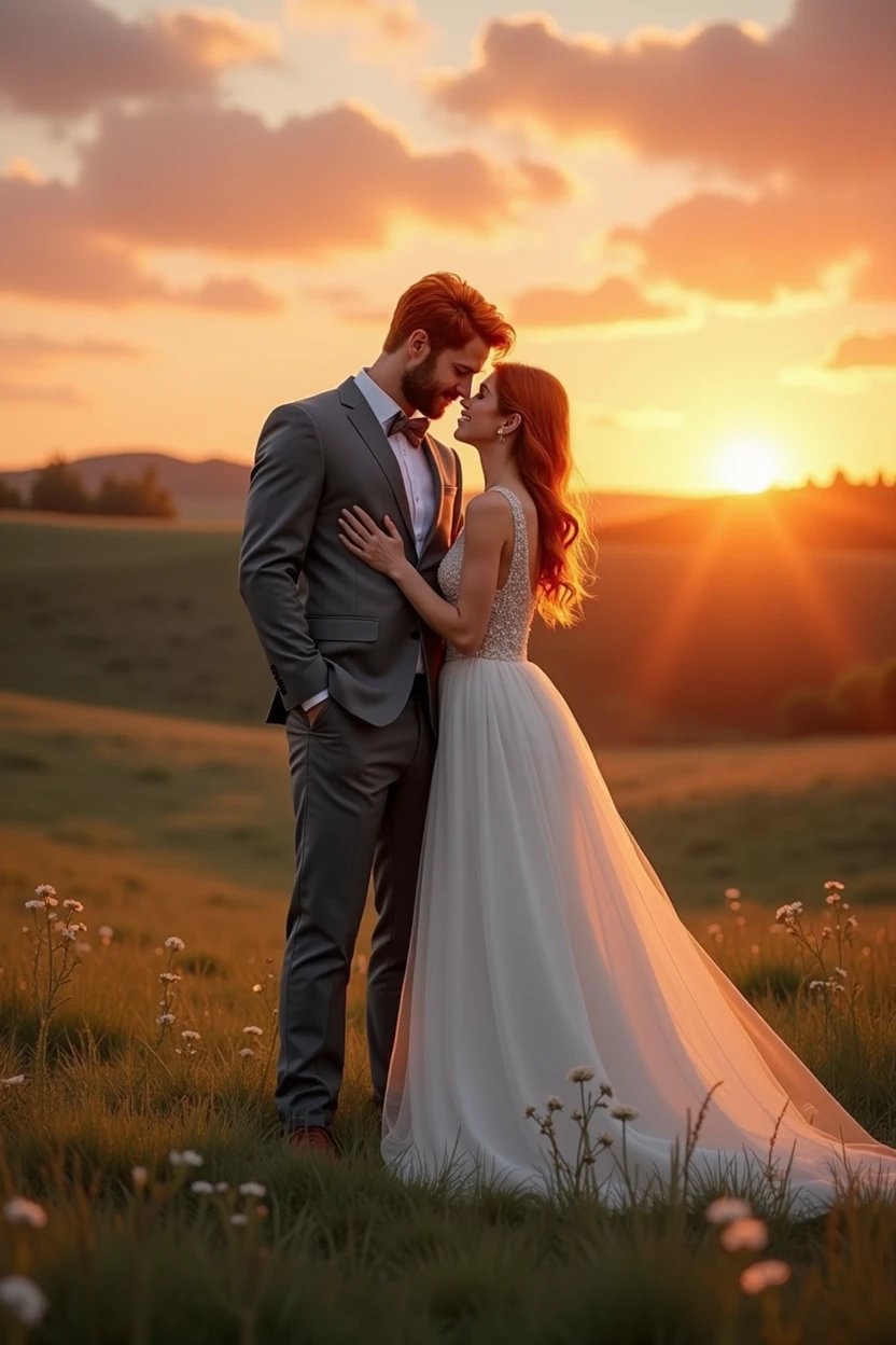 A tall, muscular man with red hair wearing a gray suit stands in a field with his shorter fiancée. She is dressed in a modern-style wedding gown, embracing his waist. The scene is set during sunset with colorful lights decorating the wedding venue. Below the picture is written: 'Kritsada ♥️ Thariniy.'"
