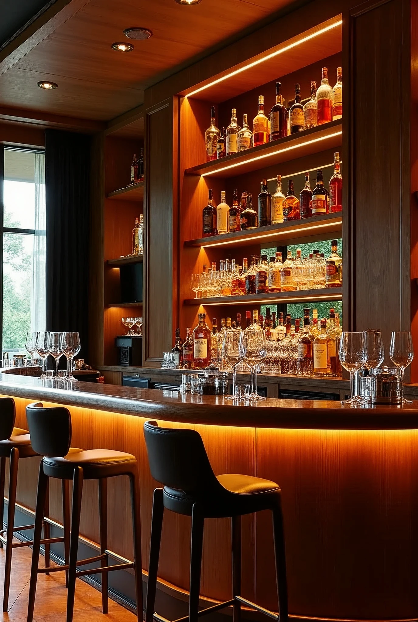a beautiful modern bar interior with wooden bar, bottles of liquor, elegant wine glasses, high stools, well-lit, (best quality,4k,8k,highres,masterpiece:1.2),ultra-detailed,(realistic,photorealistic,photo-realistic:1.37),intricate details,cinematic lighting,warm color tones,wood grain texture,glass reflections,glossy surfaces,elegant bar setup,bar counter,bar shelves,bar accessories,bar decor,modern bar design