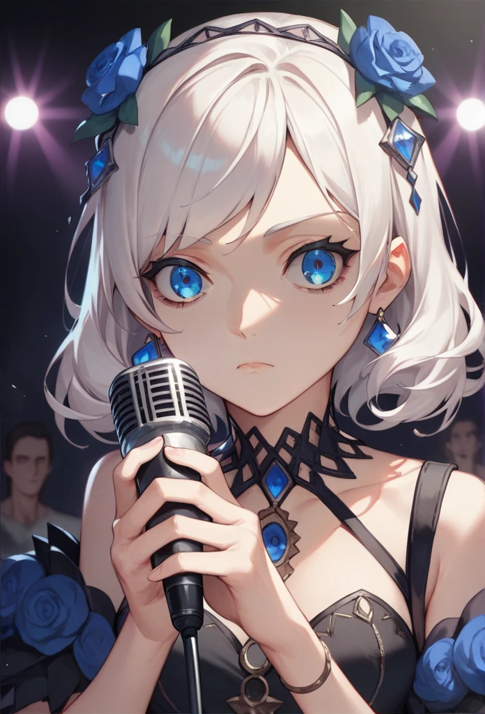 Top quality, masterpiece, high resolution, girl, white hair, blue eyes, dark circles under the eyes, idol costume, underground idol, dimly lit concert venue, holding microphone, staring