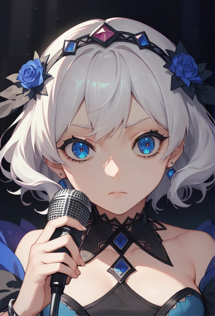 Top quality, masterpiece, high resolution, girl, white hair, blue eyes, dark circles under the eyes, idol costume, underground idol, dimly lit concert venue, holding microphone, staring