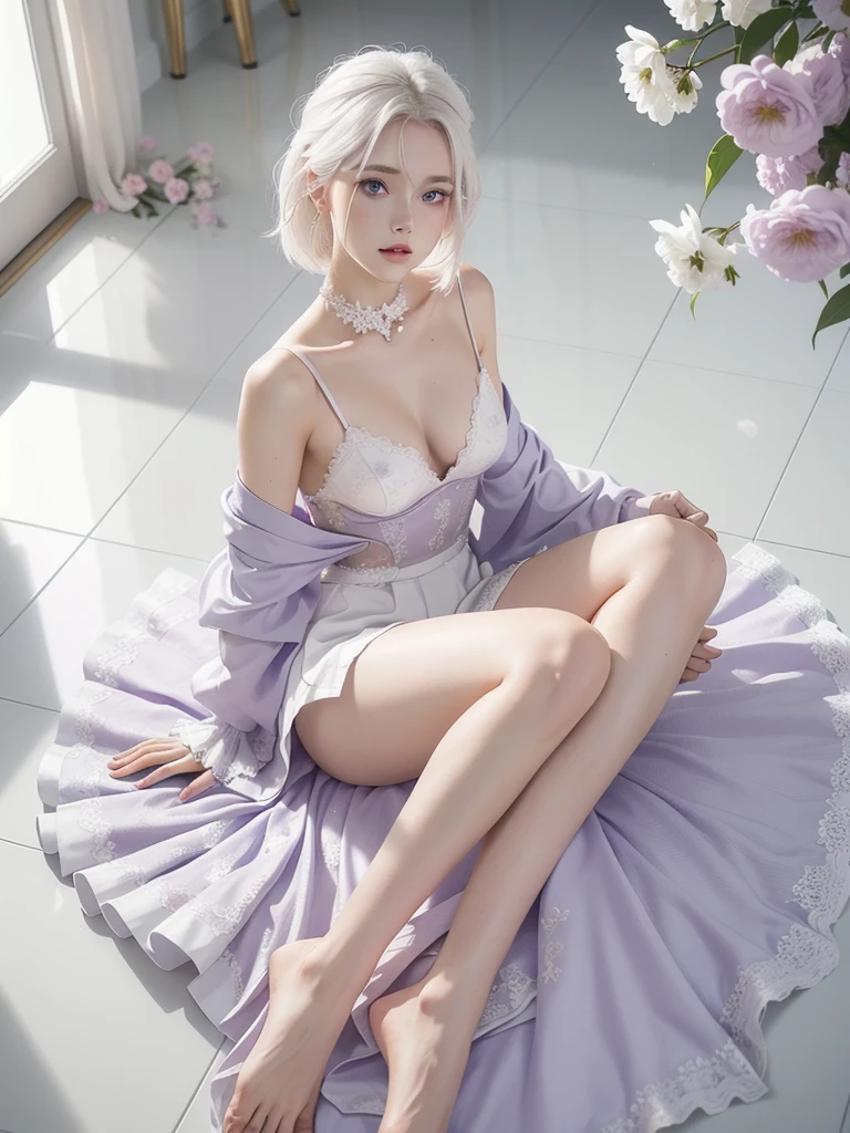 realisitic, 1 girl, White hair, purples eyes, glare eyes, top cut, overskirt, parted lips, blush, natta, flowers, floor, floorlight, no clothing, sitting, with leg open 