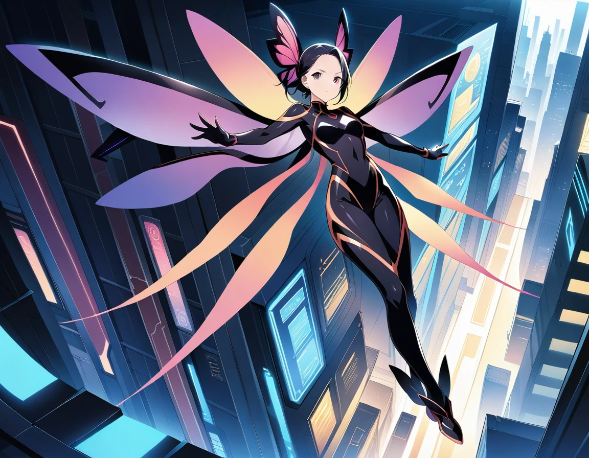 The 20cm long figure device is an ultra-small android modeled after a fairy, and is primarily used as support for exploration and analysis. It floats in the air using ion craft from the insect-wing thrusters on its back, and the various built-in sensors allow for instant and precise analysis. Its selling point is its portability, which allows it to fit in the inside pocket of your suit, the Master. It is a cutting-edge product that combines cuteness and convenience. It is sure to become a good companion for you. Outdoors, in the city, floating and leading., (masterpiece, anime cg, official art, work of art, Award-winning work, extreme quality, ultra high definition, all intricate, overall detailed, finely detailed, super detailed, very aesthetic, boast pompously, focus on entire screen, asymmetrical, raytraced, caustics, textile shading, incredibly absurd resolution, absolutely resolution, ultra high resolution, professional, vivid colors, perfect anatomy, ideal facial features, beautiful detailed face, ideally proportioned figure, perfectly beautiful body),