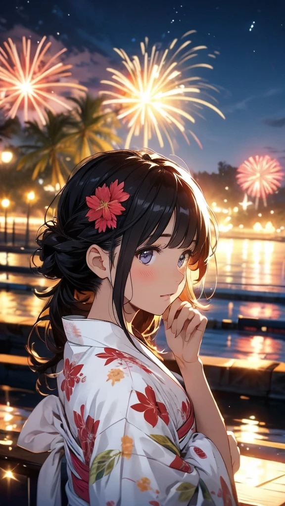(Best quality, masterpiece, super vivid), (Romantic lighting, ray tracing, dynamic range, 8K), one girl, a very beautiful and mature girl, profile, black hair, chignon, beautiful flower hair ornament, white yukata, beautiful flower pattern on the yukata, slim body, shining eyes, slightly shy expression and gestures, date, I love you, I love you very much, staring, girl waiting for a kiss, I want you to hug me gently, at night, many fireworks burst into the sky over the lake, just the two of us, no one around, very romantic mood, depth of field, beautiful composition, very beautiful illustration,