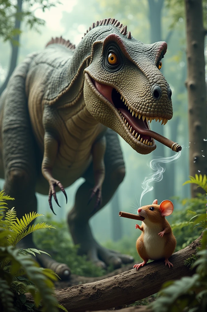 A dinosaur scared by a fat mouse smoking a cigar 
