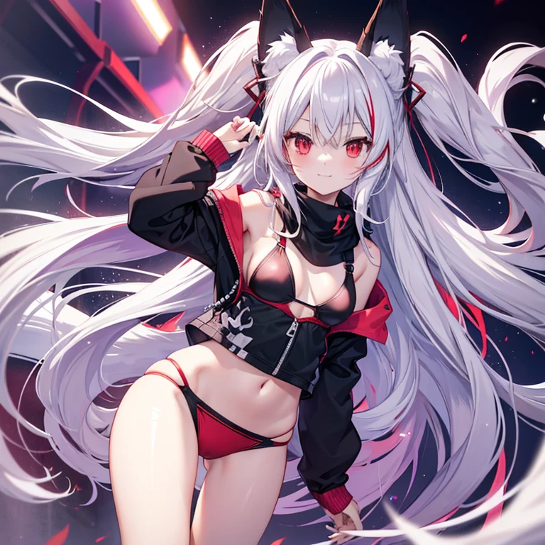 Long Hair, Red eyes, Fox Ears, Attention to detail, Silver Hair, Both sides up, Animal ears , happiness/joy, anime, Spread your legs Swaying in the Wind Fox Tail Red and black bikini Twin Side Up smile Too much exposure Light purple on hair tips locker room Changing into a swimsuit Shyness
