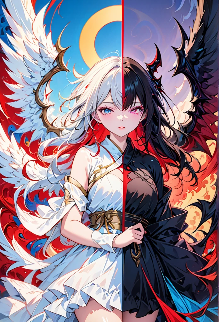 A split art style image featuring an angel on one half and a demon on the other,forming a stark contrast between purity and evil. The image is in high definition,with detailed features of both the angel and the demon,sharp focus,and vibrant colors, score_9,score_8_up,score_7_up,(masterpiece,best quality,ultra-detailed,very aesthetic, absurdres)