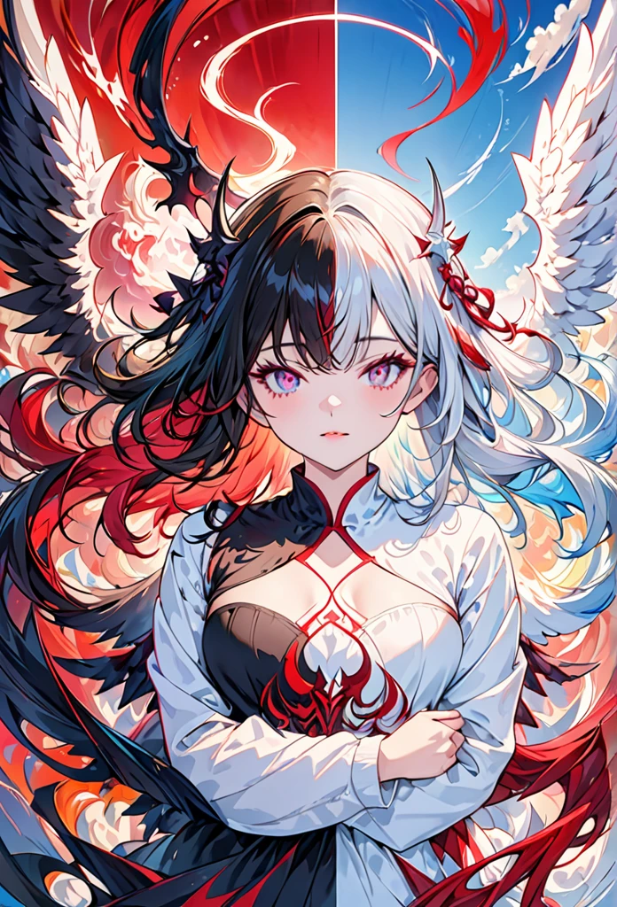A split art style image featuring an angel on one half and a demon on the other,forming a stark contrast between purity and evil. The image is in high definition,with detailed features of both the angel and the demon,sharp focus,and vibrant colors, score_9,score_8_up,score_7_up,(masterpiece,best quality,ultra-detailed,very aesthetic, absurdres)