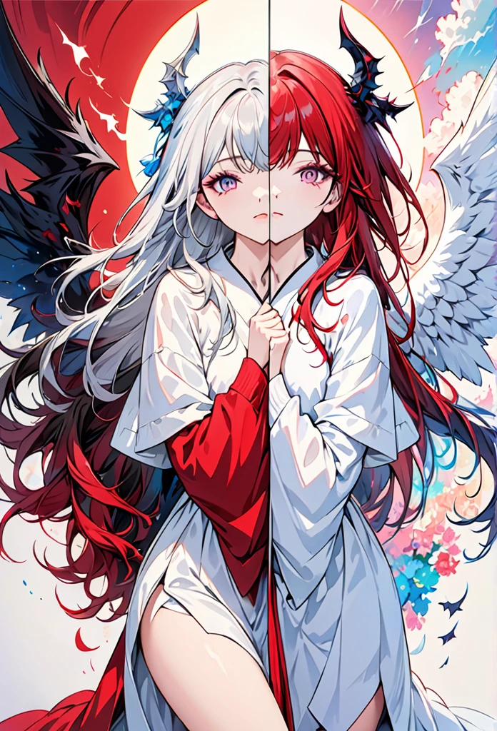 A split art style image featuring an angel on one half and a demon on the other,forming a stark contrast between purity and evil. The image is in high definition,with detailed features of both the angel and the demon,sharp focus,and vibrant colors, score_9,score_8_up,score_7_up,(masterpiece,best quality,ultra-detailed,very aesthetic, absurdres)