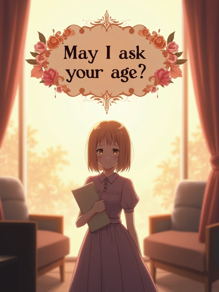 Violet Evergarden stands gracefully in the center of the image, holding a notepad or a small clipboard, with a gentle and inquisitive expression. Above her, there could be a text bubble or a beautifully designed banner that reads, "May I ask your age?" The background could be softly blurred with warm tones, perhaps featuring elements of her office or a serene environment. The composition would have a 16:9 ratio, ensuring Violet is the central focus, with enough space around her for the text and background details. draw this