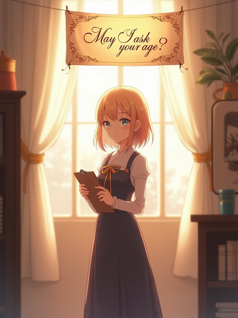 Violet Evergarden stands gracefully in the center of the image, holding a notepad or a small clipboard, with a gentle and inquisitive expression. Above her, there could be a text bubble or a beautifully designed banner that reads, "May I ask your age?" The background could be softly blurred with warm tones, perhaps featuring elements of her office or a serene environment. The composition would have a 16:9 ratio, ensuring Violet is the central focus, with enough space around her for the text and background details. draw this