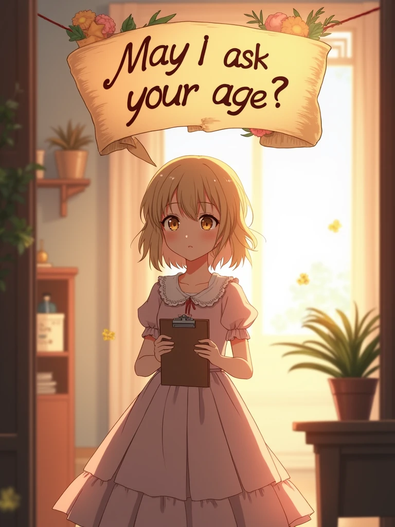 Violet Evergarden stands gracefully in the center of the image, holding a notepad or a small clipboard, with a gentle and inquisitive expression. Above her, there could be a text bubble or a beautifully designed banner that reads, "May I ask your age?" The background could be softly blurred with warm tones, perhaps featuring elements of her office or a serene environment. The composition would have a 16:9 ratio, ensuring Violet is the central focus, with enough space around her for the text and background details. draw this