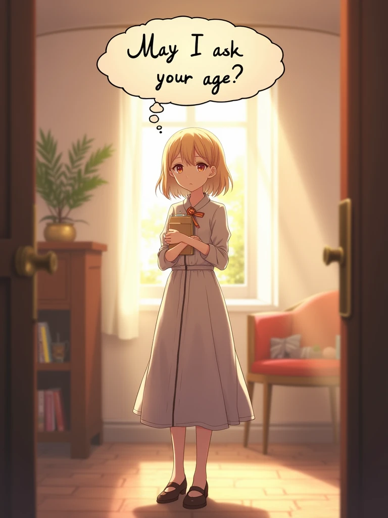 Violet Evergarden stands gracefully in the center of the image, holding a notepad or a small clipboard, with a gentle and inquisitive expression. Above her, there could be a text bubble or a beautifully designed banner that reads, "May I ask your age?" The background could be softly blurred with warm tones, perhaps featuring elements of her office or a serene environment. The composition would have a 16:9 ratio, ensuring Violet is the central focus, with enough space around her for the text and background details. draw this
