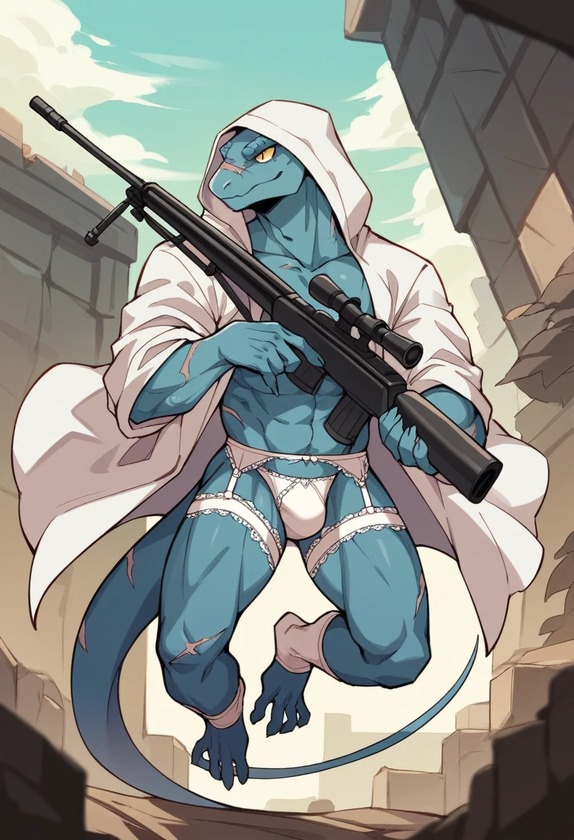 One person、Lizard man wearing white lace underwear、middle aged、Skinhead、masterpiece、Highest quality、Silver body、There are scars on the body、Sharp Eye、Lizard man wearing a lace bra、Knee-high socks、garter belt、Long, thin tail、White hooded coat、Hold a sniper rifle、In the ruins、Jumping towards the front、Action composition