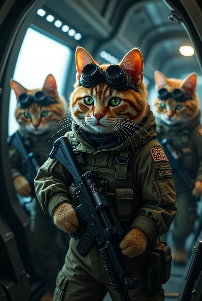 A special unit of special forces commando cats in a warplane, each in military uniform and with night glasses