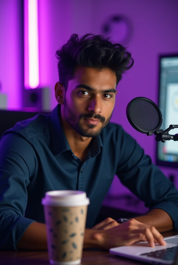 beautiful photo of a man age of 24 to 25, and this guy eye colour purple, weight something 55 to 57 kg , and look like a Indian guy ,wearing a black t shirt costume, A stunning intricate full color photo of (sks man:1), epic character composition, by ilya kuvshinov, alessio albi, nina masic, sharp focus, natural lighting, subsurface scattering, f2, 35mm, film grainThe image shows an individual sitting at a desk with a microphone in front of them, suggesting they might be hosting a podcast, conducting an interview, or doing some other audio recording activity. The background features blurred purple lights, giving the setting a modern and tech-savvy vibe. There's also a disposable coffee cup on the desk, adding a casual touch to the professional setup.