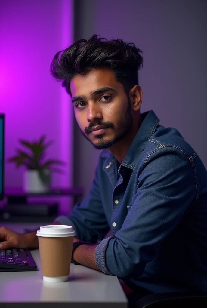 beautiful photo of a man age of 24 to 25, and this guy eye colour purple, weight something 55 to 57 kg , and look like a Indian guy ,wearing a black t shirt costume, A stunning intricate full color photo of (sks man:1), epic character composition, by ilya kuvshinov, alessio albi, nina masic, sharp focus, natural lighting, subsurface scattering, f2, 35mm, film grainThe image shows an individual sitting at a desk with a microphone in front of them, suggesting they might be hosting a podcast, conducting an interview, or doing some other audio recording activity. The background features blurred purple lights, giving the setting a modern and tech-savvy vibe. There's also a disposable coffee cup on the desk, adding a casual touch to the professional setup.