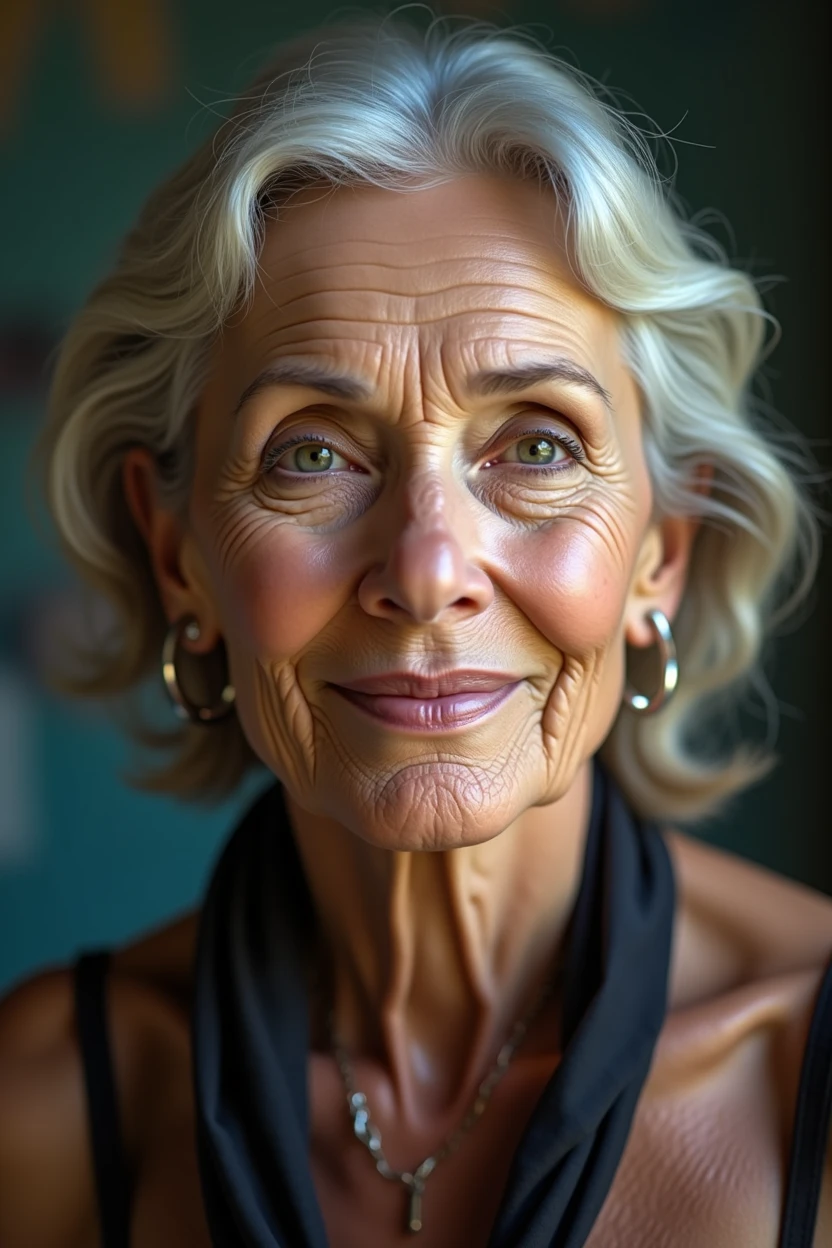 A 50-year-old woman with detailed wrinkles on her body, but with a smooth, youthful face, wearing revealing lingerie that subtly shows through her breasts and pussy. She’s standing in an unusual, colorful location—perhaps a vibrant, neon-lit alleyway at night, with bright, glowing signs and graffiti-covered walls. The realistic lighting plays across her skin, highlighting the textures and contours of her body. She poses sensually, her face captured in high detail, with the colorful lights creating a striking contrast against her figure. Full body shot.