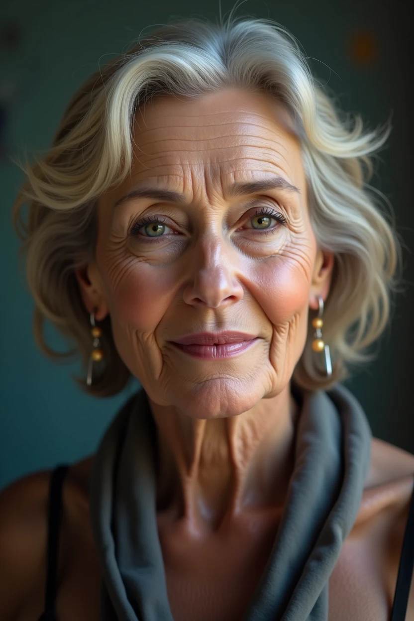 A 50-year-old woman with detailed wrinkles on her body, but with a smooth, youthful face, wearing revealing lingerie that subtly shows through her breasts and pussy. She’s standing in an unusual, colorful location—perhaps a vibrant, neon-lit alleyway at night, with bright, glowing signs and graffiti-covered walls. The realistic lighting plays across her skin, highlighting the textures and contours of her body. She poses sensually, her face captured in high detail, with the colorful lights creating a striking contrast against her figure. Full body shot.