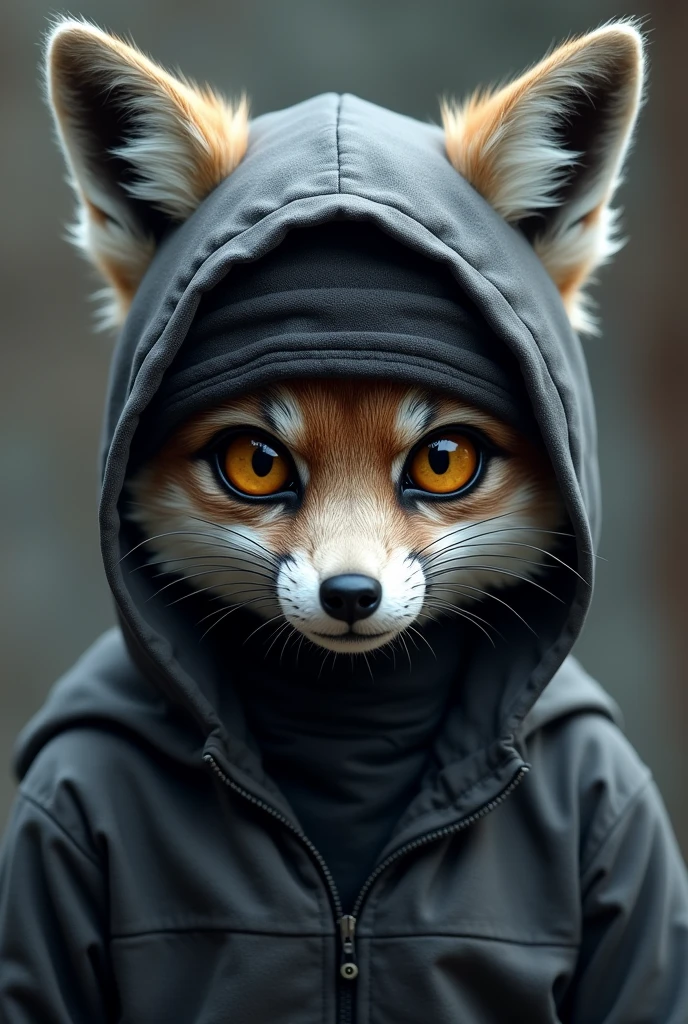 grey furry  fox  girl robber with balaclava in ninja suit