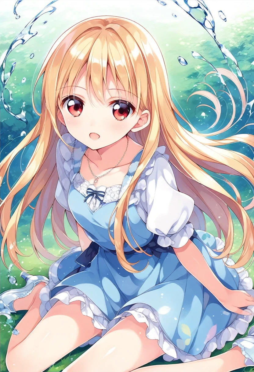 
Close-up of a girl sitting on the ground with a chair in the background, Cute girl anime visuals, , dress, Splash art anime , maAlso kitagawa fanart, Anime Moe Art Style, 素敵なdressを着たかわいいアニメのワイフ, Anime Best Girl, Also, one blonde with long hair、Red eyes anime