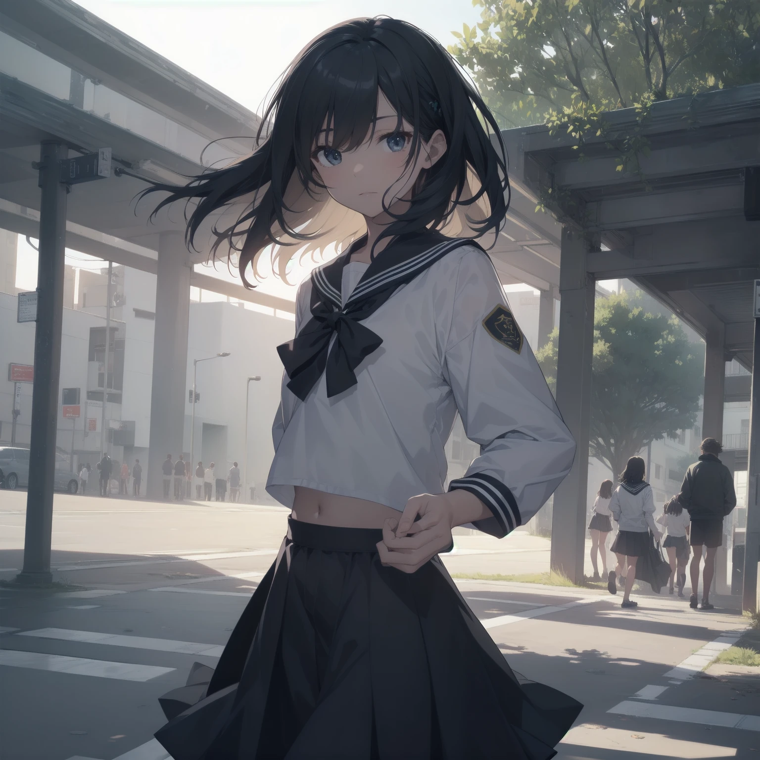 ultra-absurdres-Top quality by artist God, ultra-detailed, high resolution, anime moe artstyle, best anime 8k konachan wallpaper, pixiv contest winner, pool:2810, perfect anatomy,break, 1girl, (Please draw a girl walking sleepily to school alone. )break,(Solo,little female, 13-year-old:1.3),Full limbs, complete fingers,a junior high school student, (very short hair), short cut, flat chest, , small butt, small black eyes, beautiful detailed eyes, well-proportioned iris and pupils, expressive eyes, highres detailed hair, soft expression, salor school_uniform, sailor collar, serahuku, bow, pleated skirt,(Detailed Lighting), (Detailed background), in the School commute route. break,super detailed skin, Best cinematic lighting powered by famous artist, 8k,beauty illustration,photoshop_(medium),very aesthetic,break,((artist:shiromanta )), artist:clamp ,artist:carnelian ,artist:kantoku ,